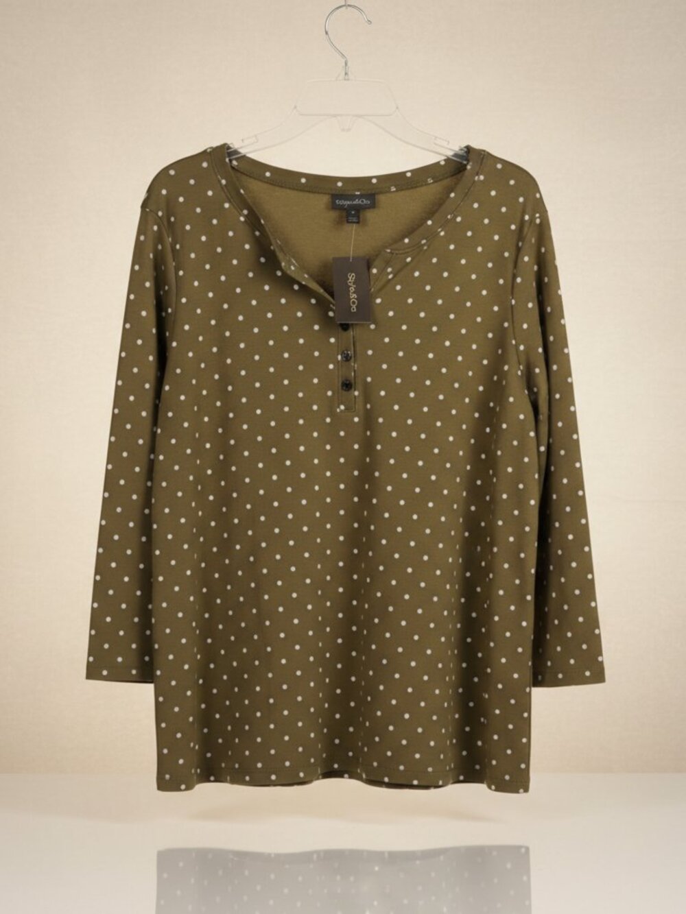 Style & Co 3/4 length Henley, moss green Poka dot casual top - Size XL NWTs